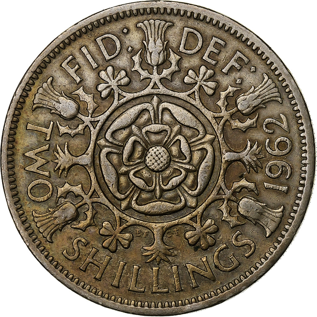 Grã-Bretanha, Elizabeth II, 2 Shillings, 1962, London, Prata, VF(30-35)