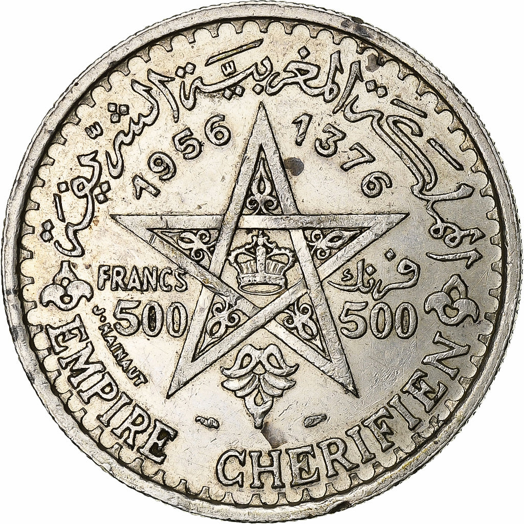 Morocco, Mohammed V, 500 Francs, AH 1376 (1956), Paris, Silver, AU(55-58)