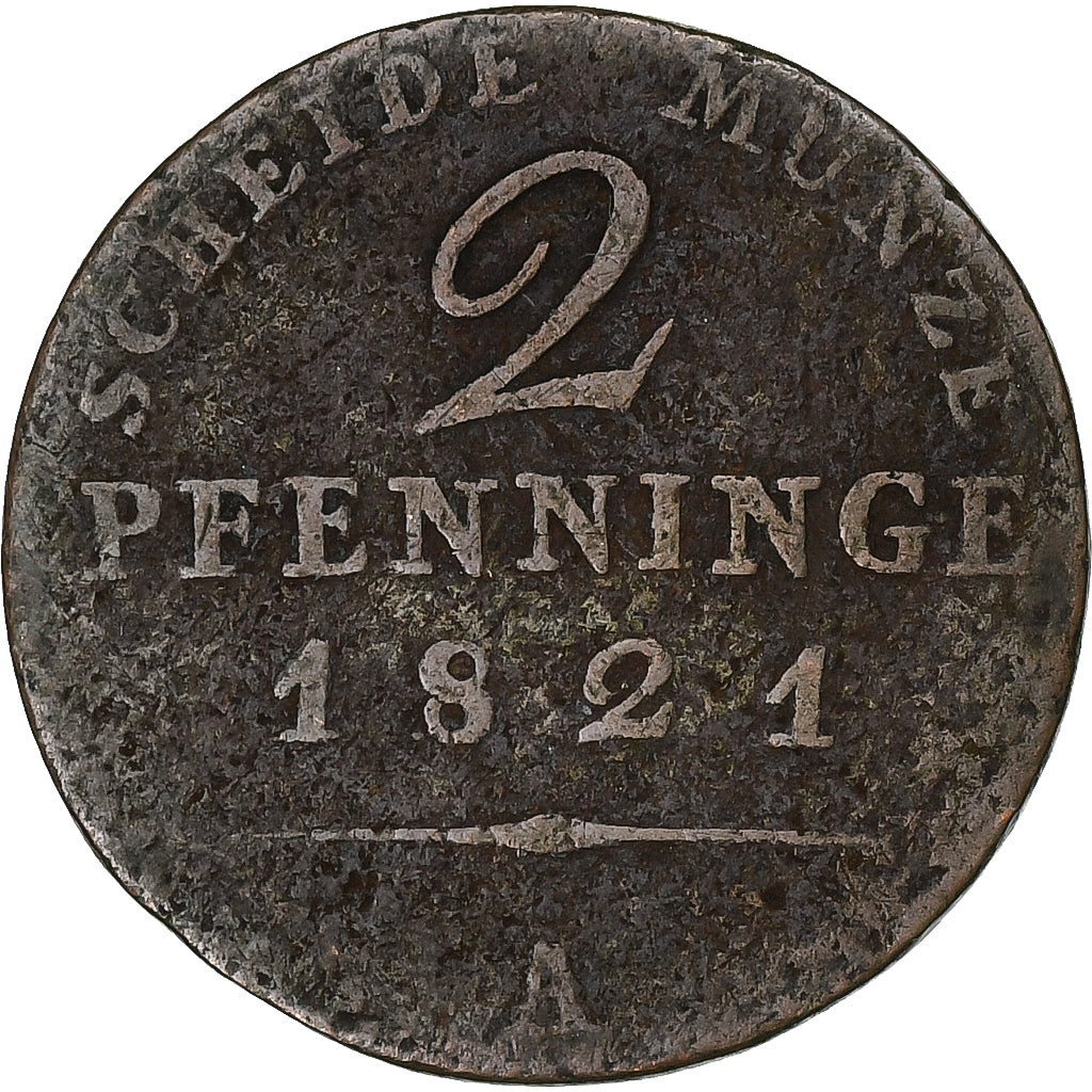 Prussia, Friedrich Wilhelm III, 2 Pfenninge, 1821, Berlin, Kupfer, S