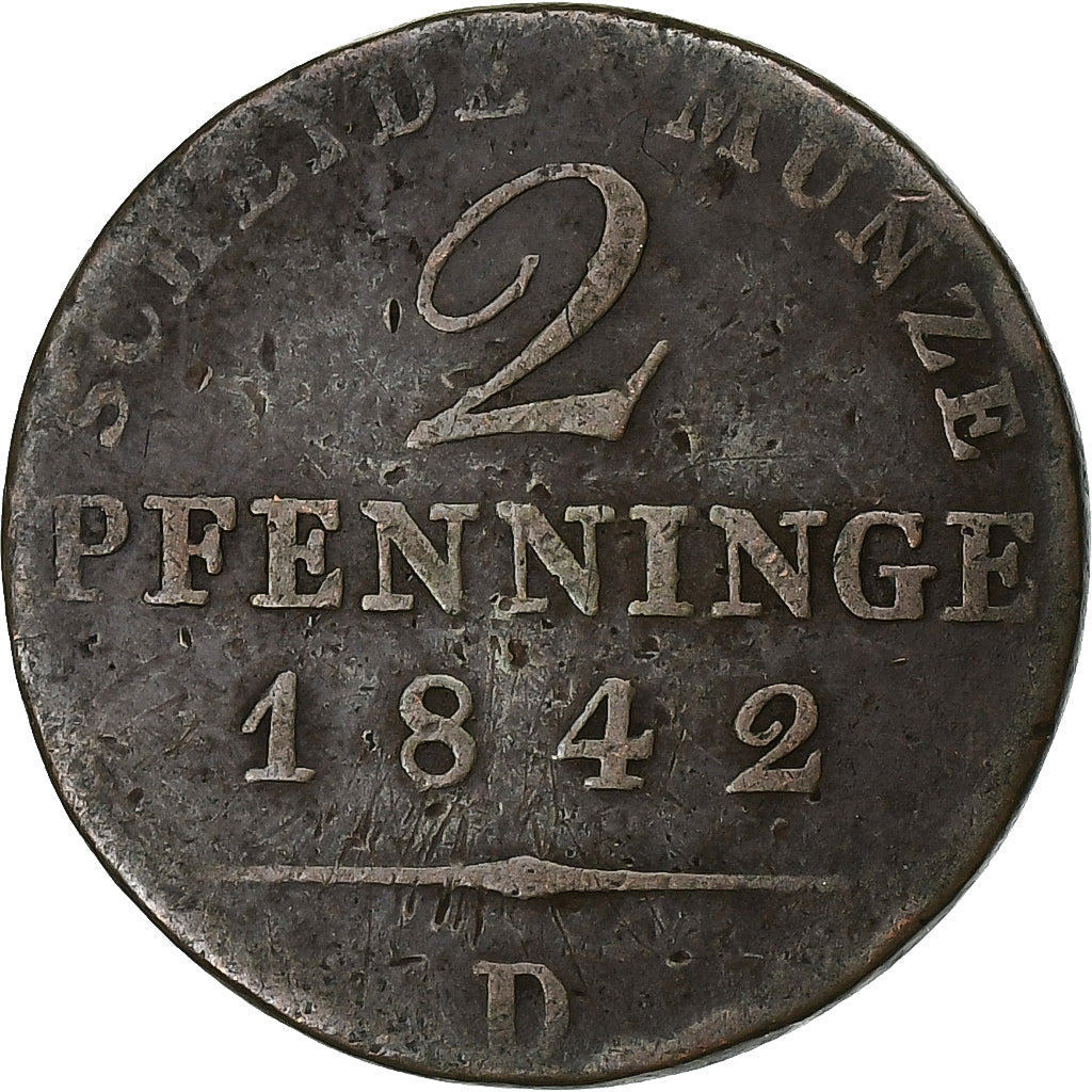 Prussia, Friedrich Wilhelm IV, 2 Pfenninge, 1842, Düsseldorf, Miedź, VF(20-25)