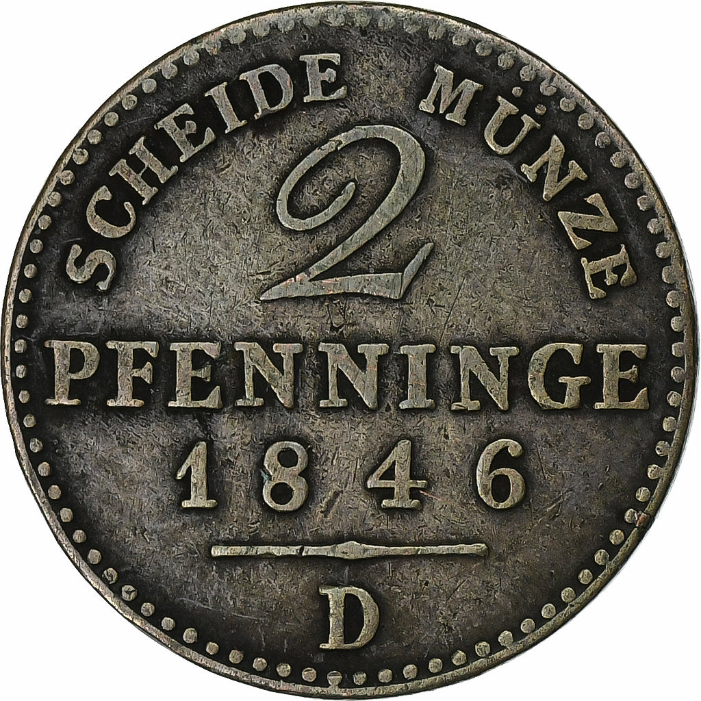 Prussia, Friedrich Wilhelm IV, 2 Pfenninge, 1846, Düsseldorf, Copper, VF(30-35)
