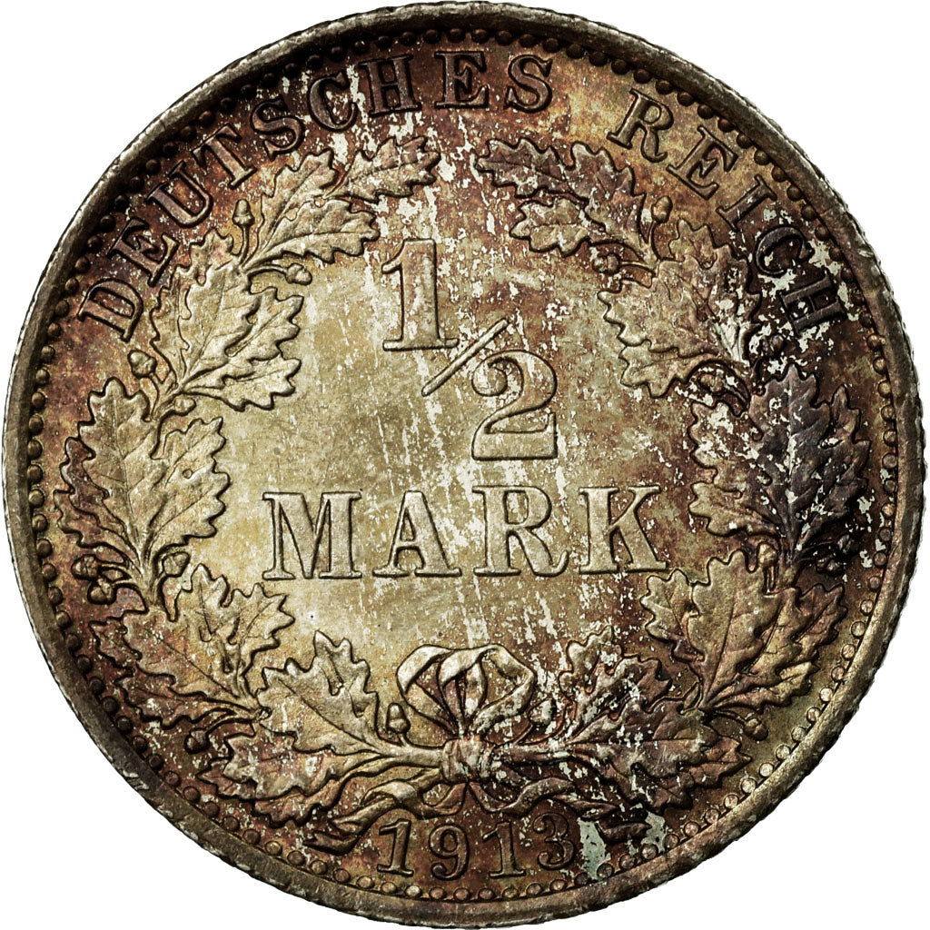Coin, GERMANY - EMPIRE, 1/2 Mark, 1913, Berlin, MS(63), Silver, KM:17