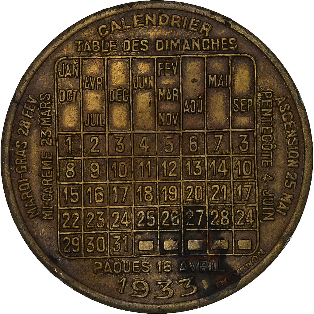 France, Jeton, Calendrier 1933 - Coutot, 1933, Laiton, TTB, Thévenon