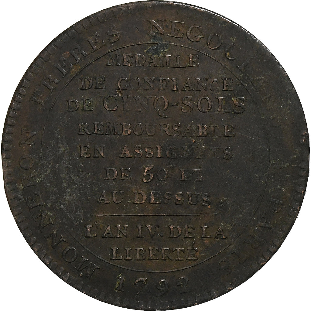 Frankrijk, Monneron de 5 Sols, 1792, Birmingham, Bronzen, FR