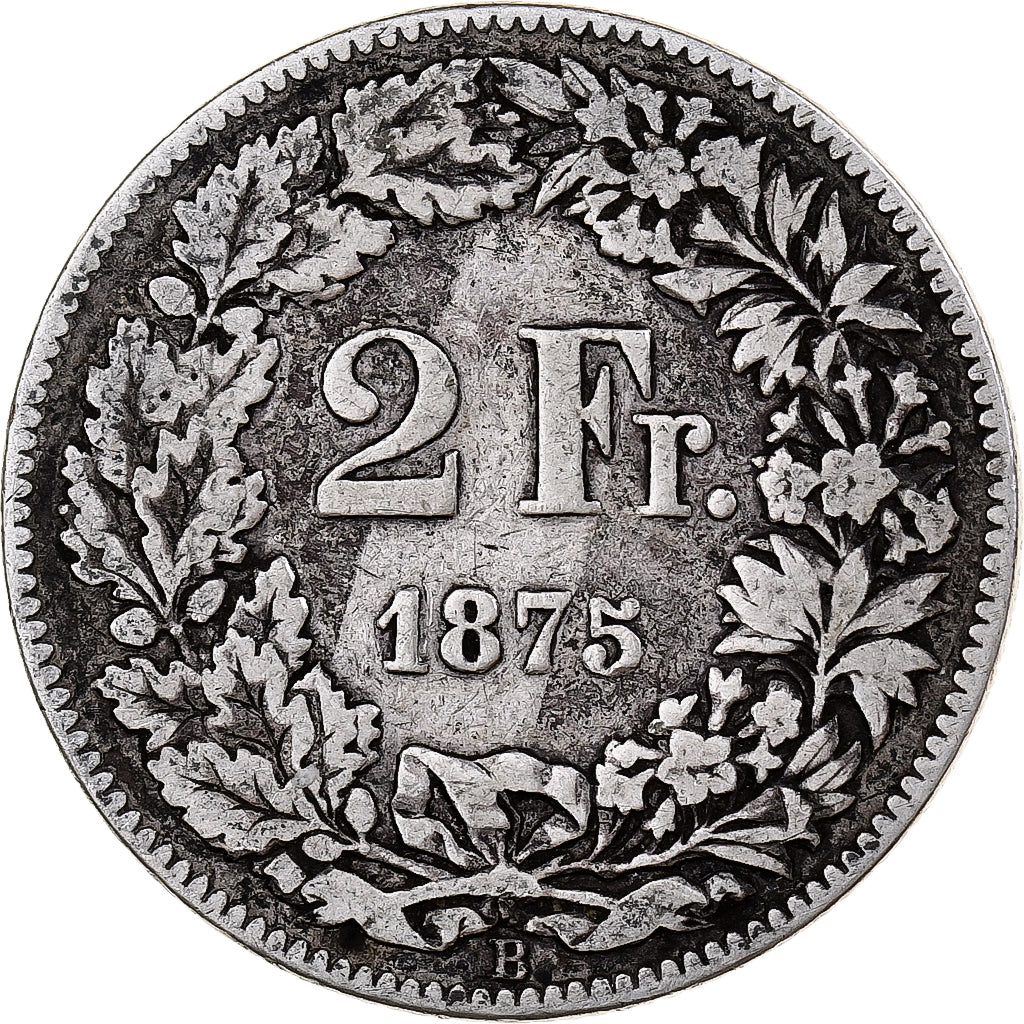 Switzerland, 2 Francs, Helvetia, 1875, Bern, Silver, VF(30-35)