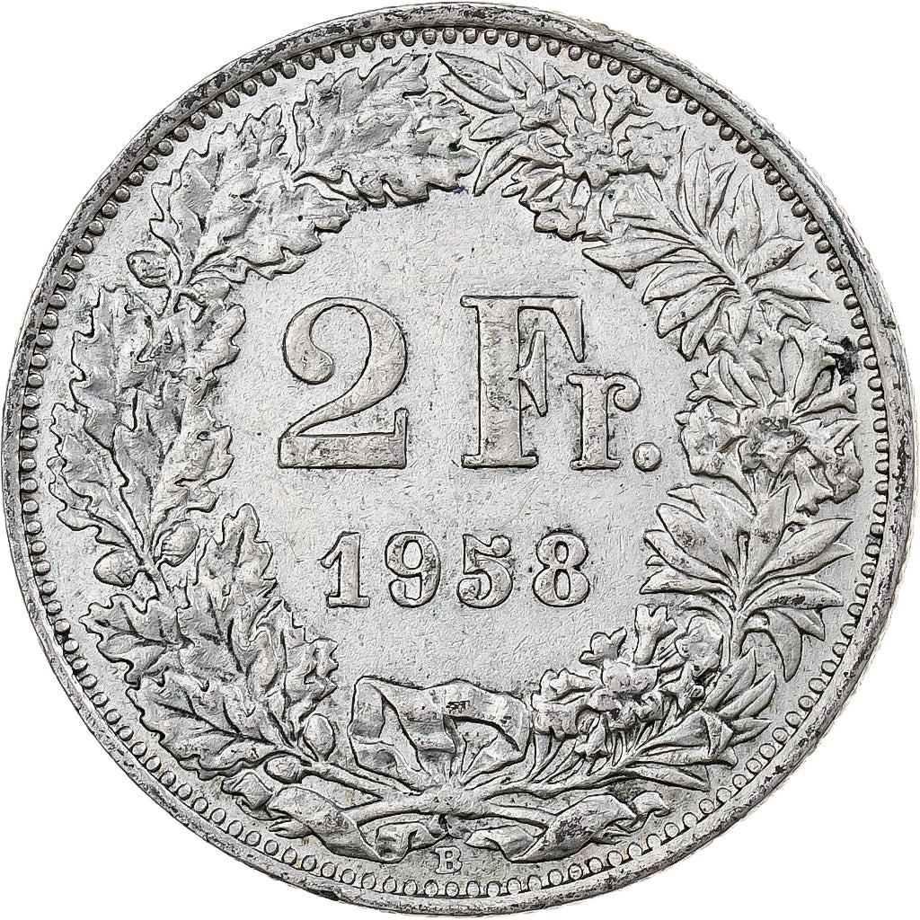 Switzerland, 2 Francs, Helvetia, 1958, Bern, Silver, AU(50-53)