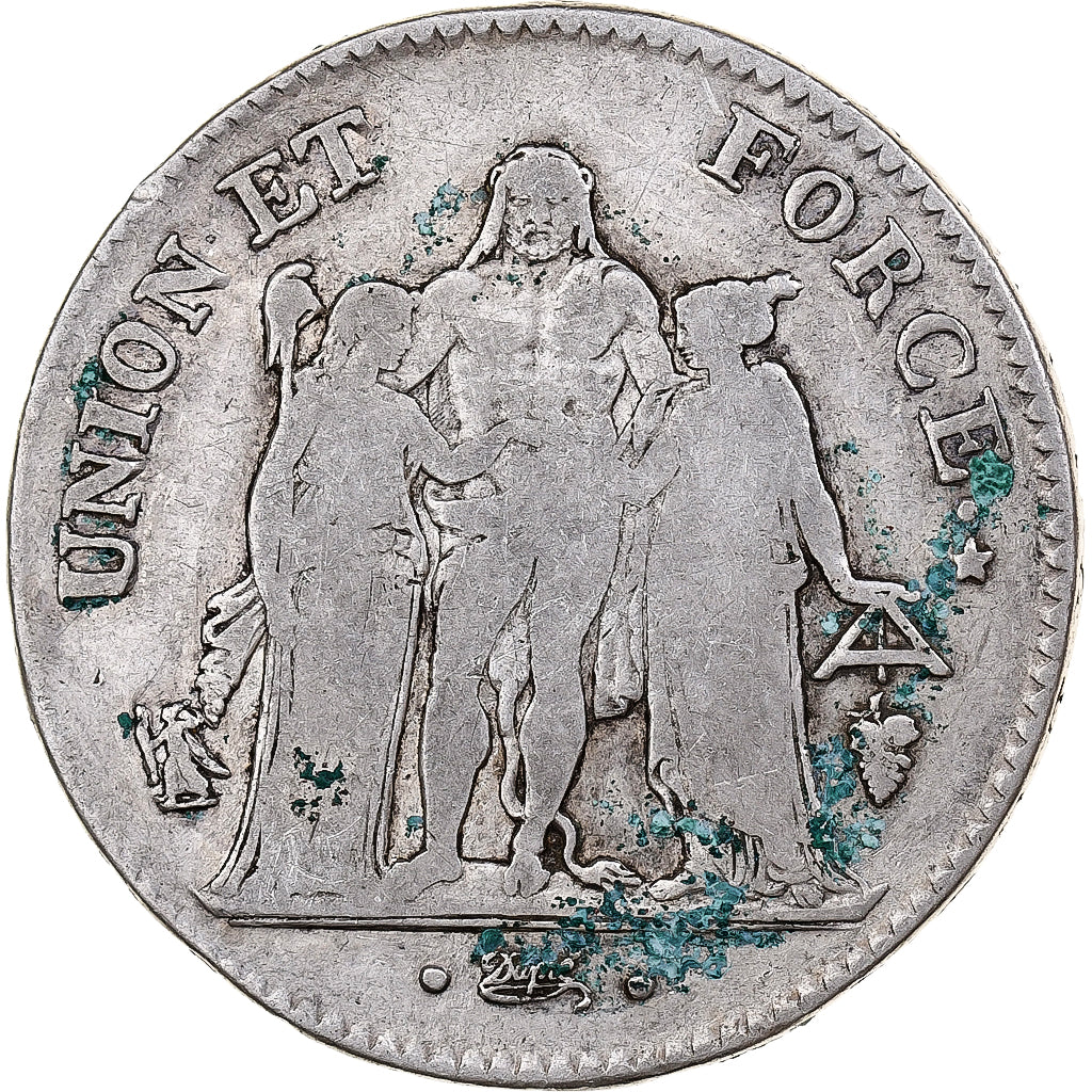 France, 5 Francs, Union et Force, AN 8, Perpignan, Silver, VF(20-25)