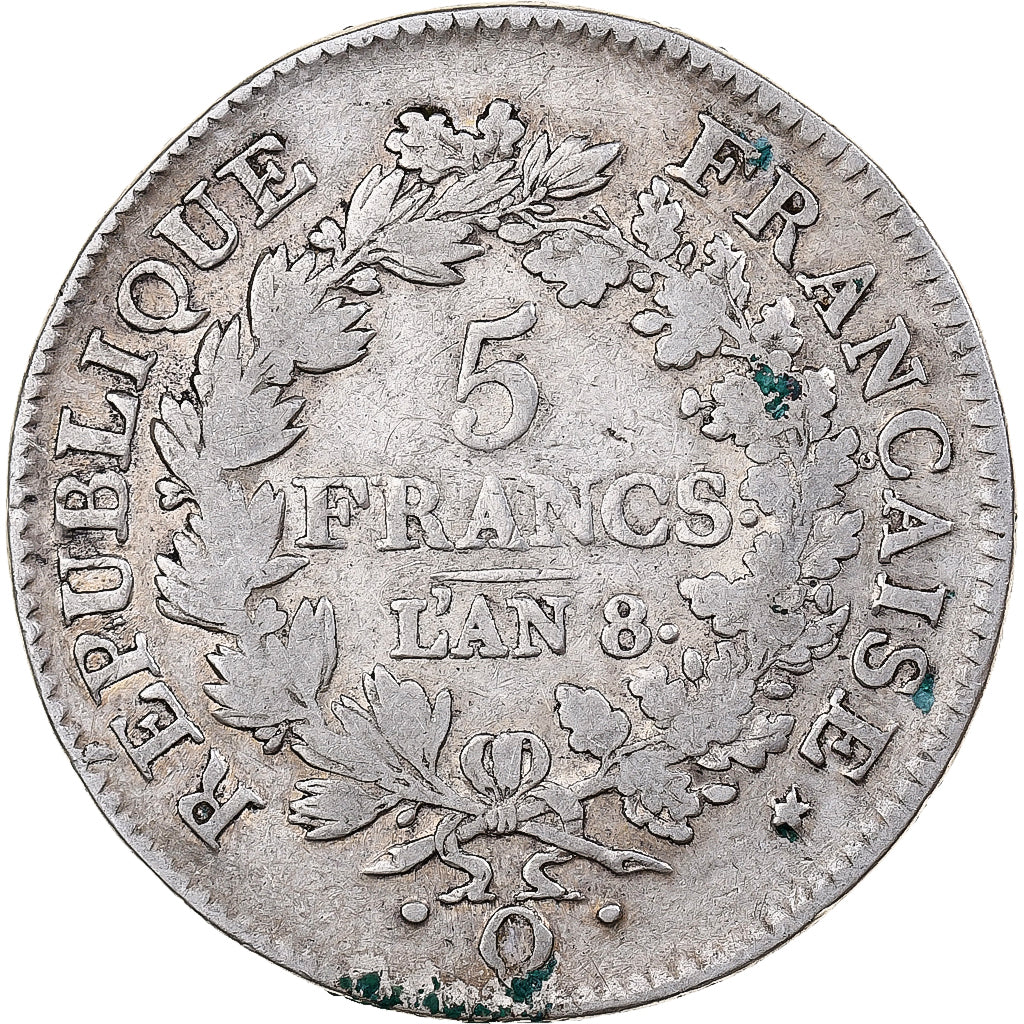 France, 5 Francs, Union et Force, AN 8, Perpignan, Silver, VF(20-25)