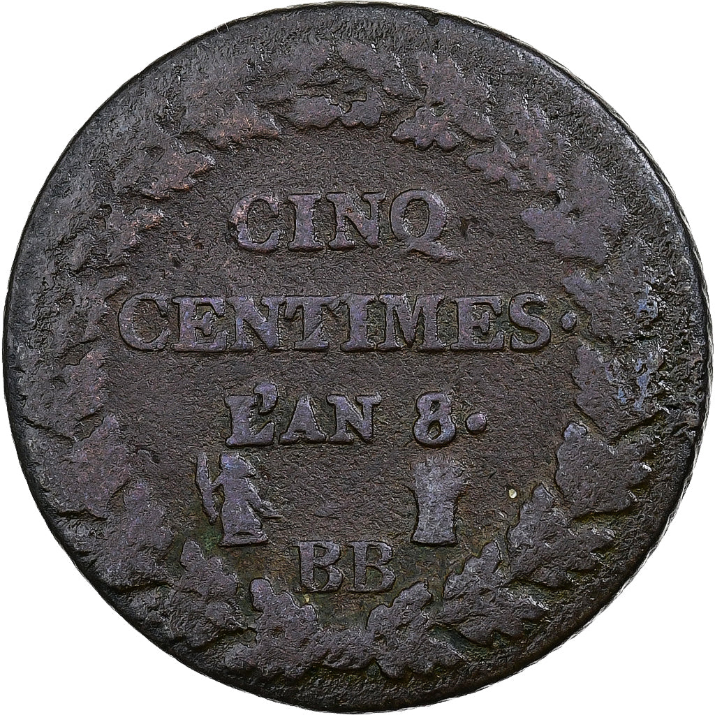 Francja, 5 Centimes, Dupré, AN 8, Strasbourg, Miedź, VF(20-25)