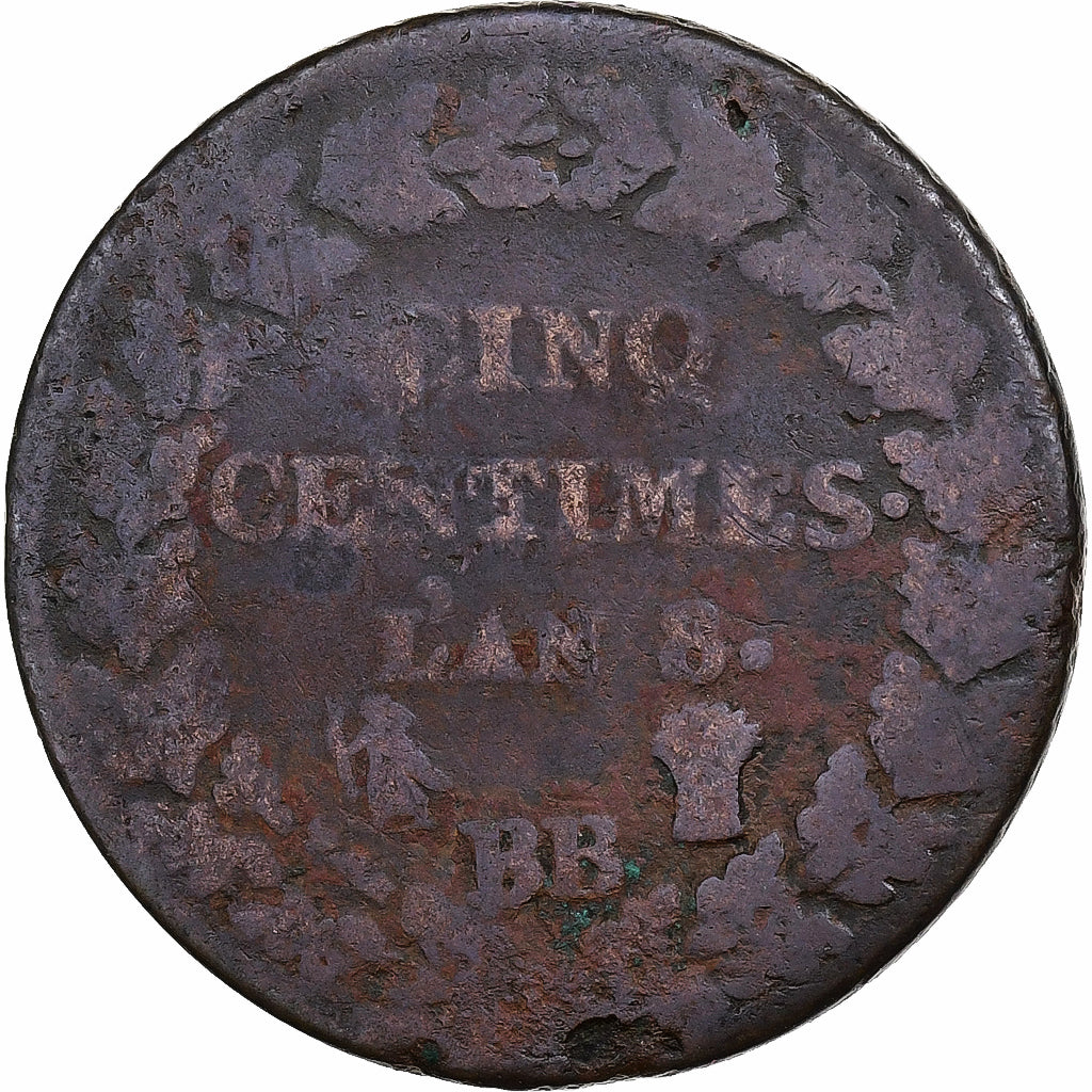 Francja, 5 Centimes, Dupré, AN 8, Strasbourg, Miedź, VF(20-25)