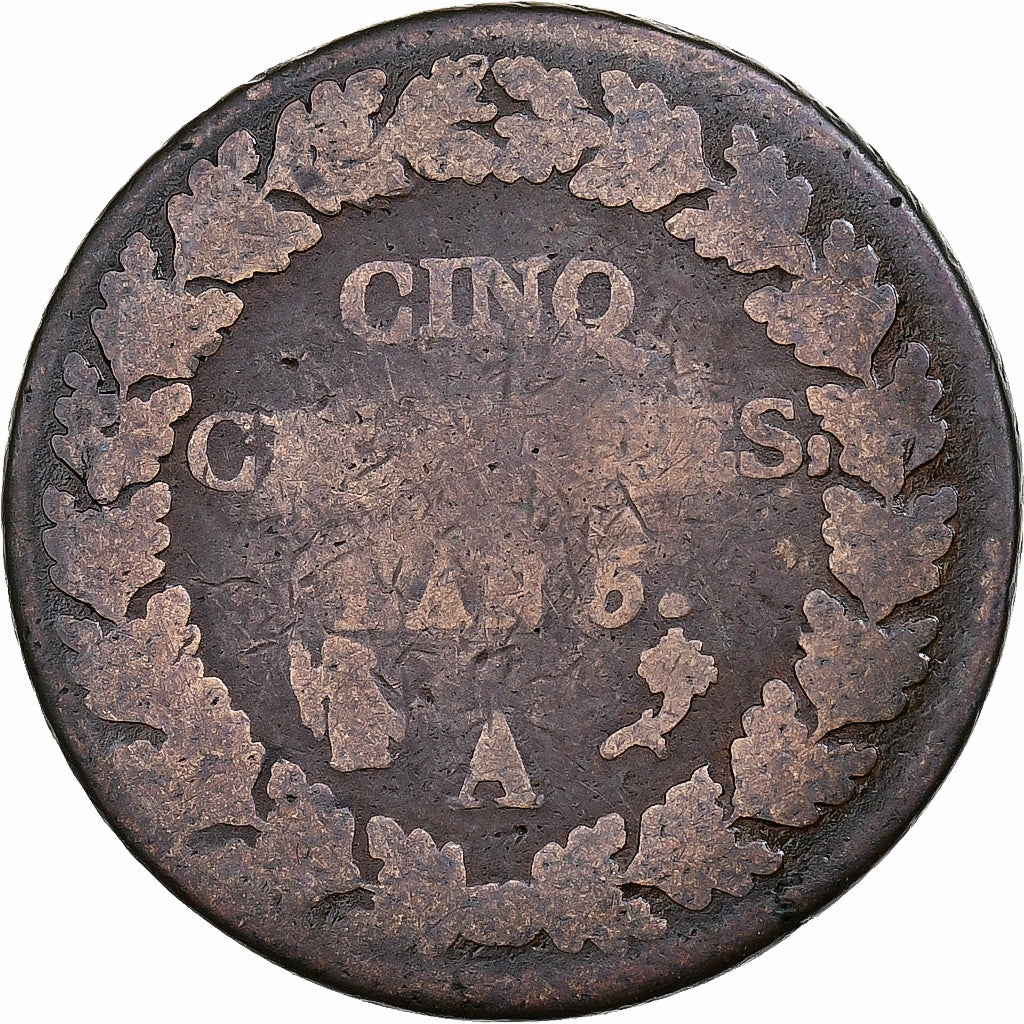 Francja, 5 Centimes, Dupré, AN 5, Paris, Miedź, VF(20-25)