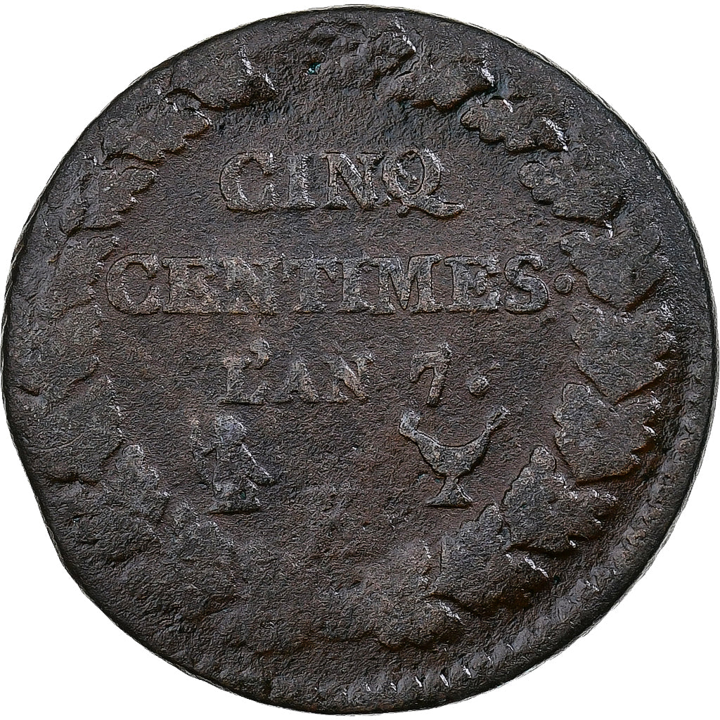 França, 5 Centimes, Dupré, AN 7, Bordeaux, Cobre, VF(20-25)
