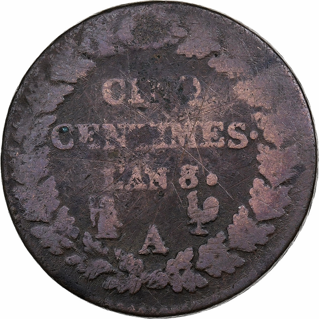 Francja, 5 Centimes, Dupré, AN 8/5, Paris, Miedź, VF(20-25)