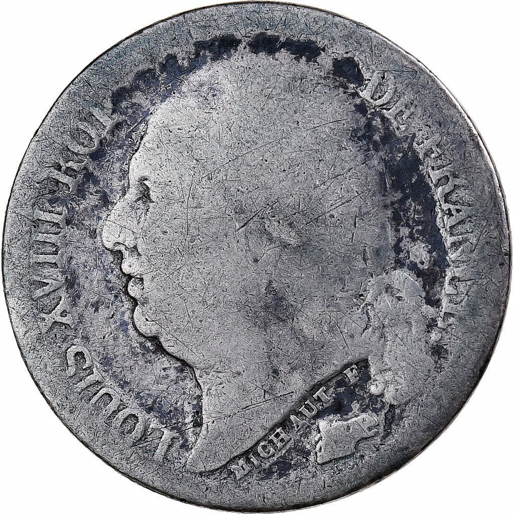 Francia, Louis XVIII, 1/2 Franc, 1823, Perpignan, Plata, BC