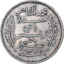 Túnez, Muhammad V, 50 Centimes, 1917, Paris, Plata, MBC