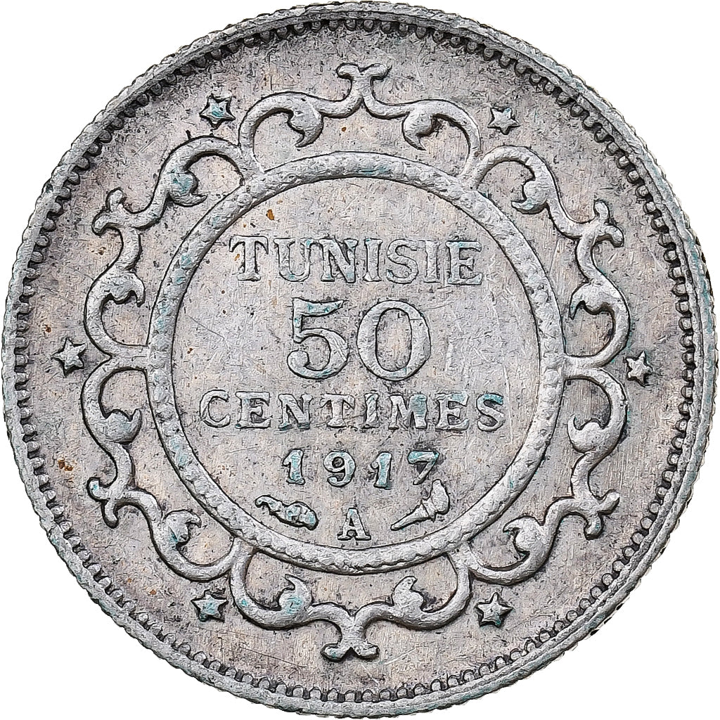 Túnez, Muhammad V, 50 Centimes, 1917, Paris, Plata, MBC