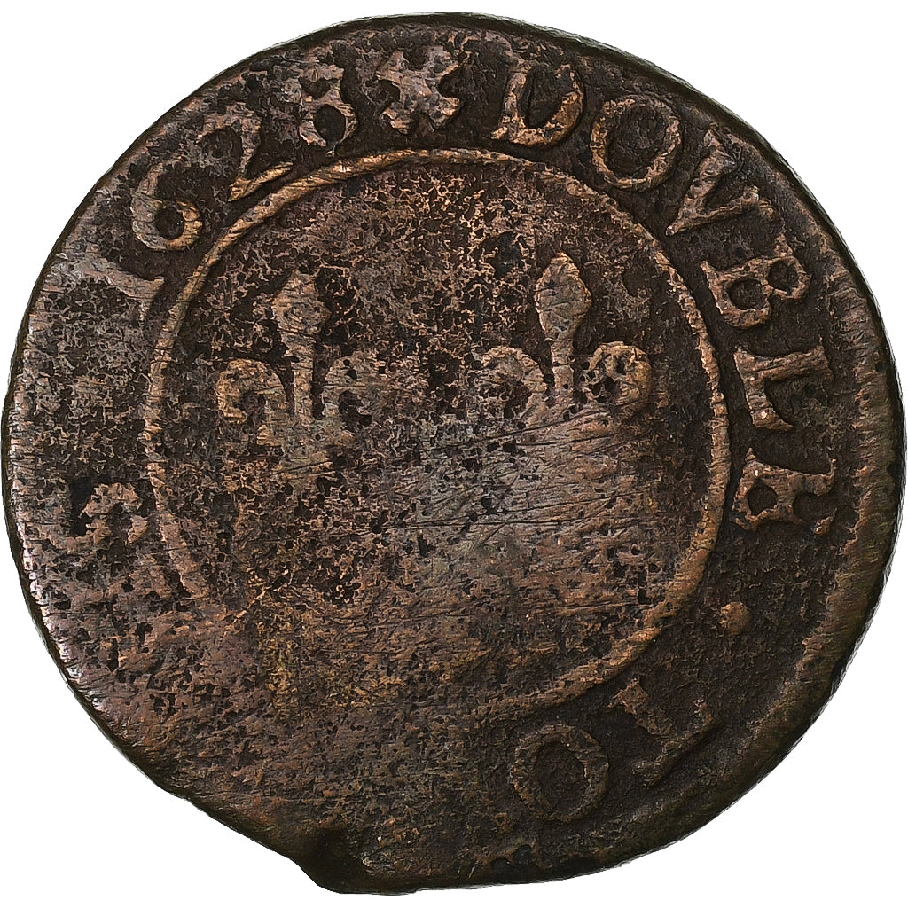 Francia, Louis XIII, Double Tournois, 1628, Lyon, Cobre, BC+
