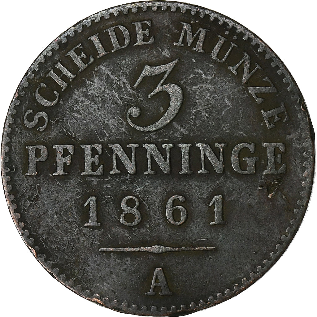 Kingdom of Prussia, Wilhelm I, 3 Pfenninge, 1861, Berlin, Miedź, VF(30-35)