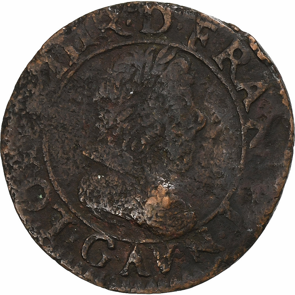 Francia, Louis XIII, Double Tournois, 1627, Paris, Cobre, BC+