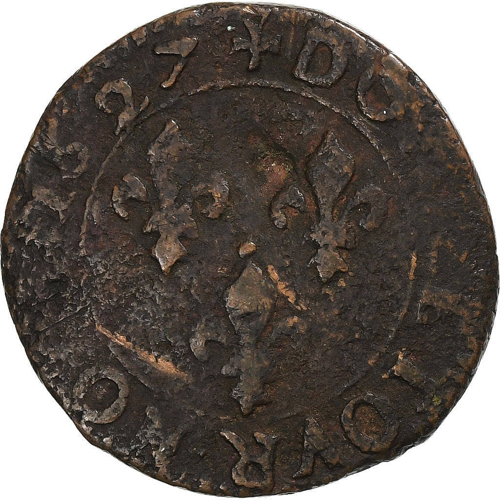 Francia, Louis XIII, Double Tournois, 1627, Paris, Cobre, BC+
