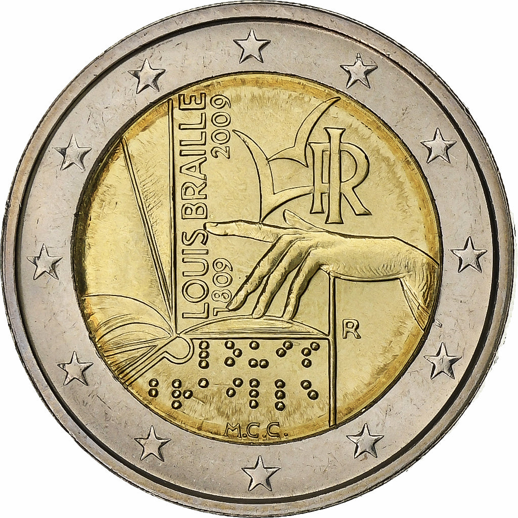 Italia, 2 Euro, Louis Braille, 2009, Rome, Bimetálico, SC