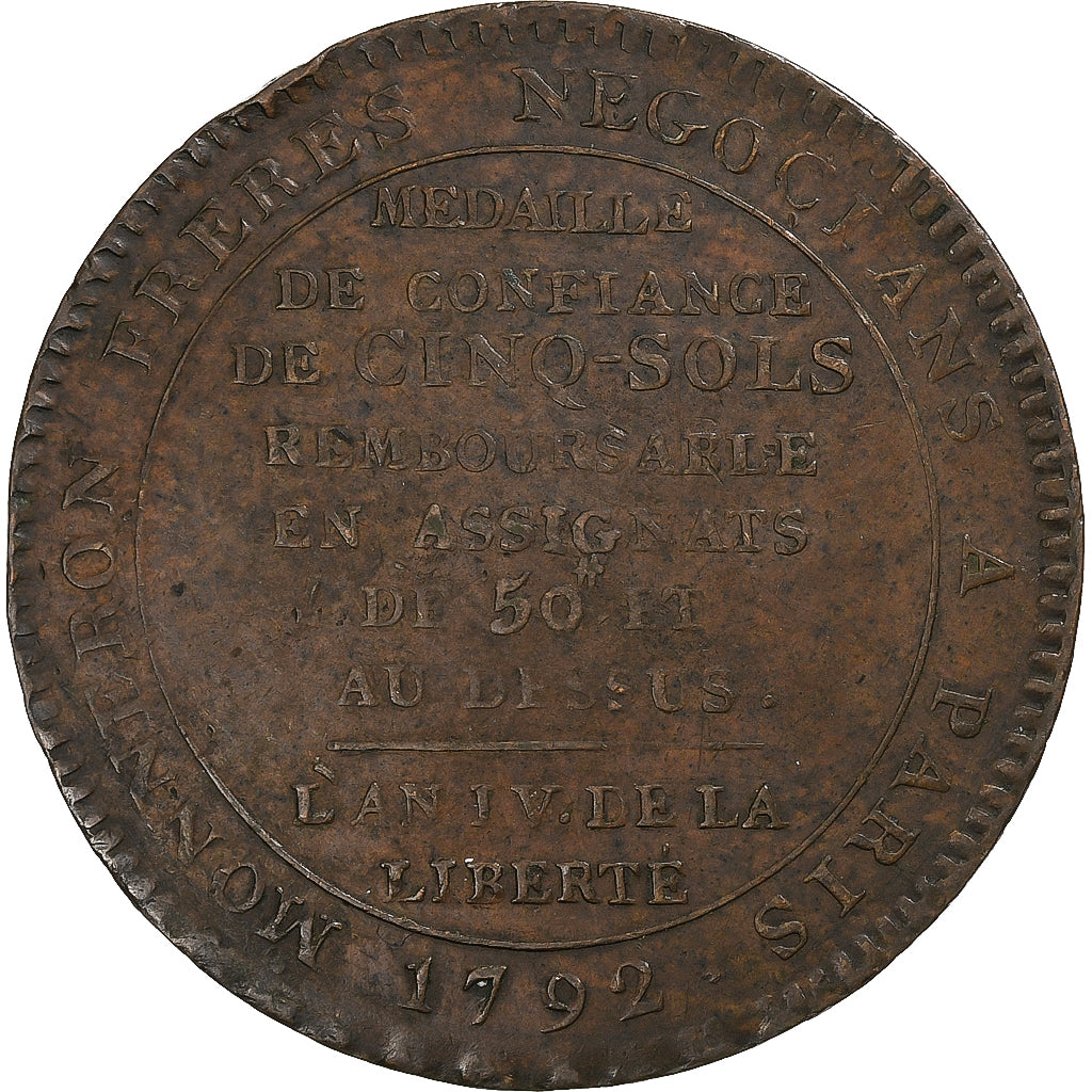 Francia, Monneron de 5 Sols, 1792, Birmingham, Rame, BB