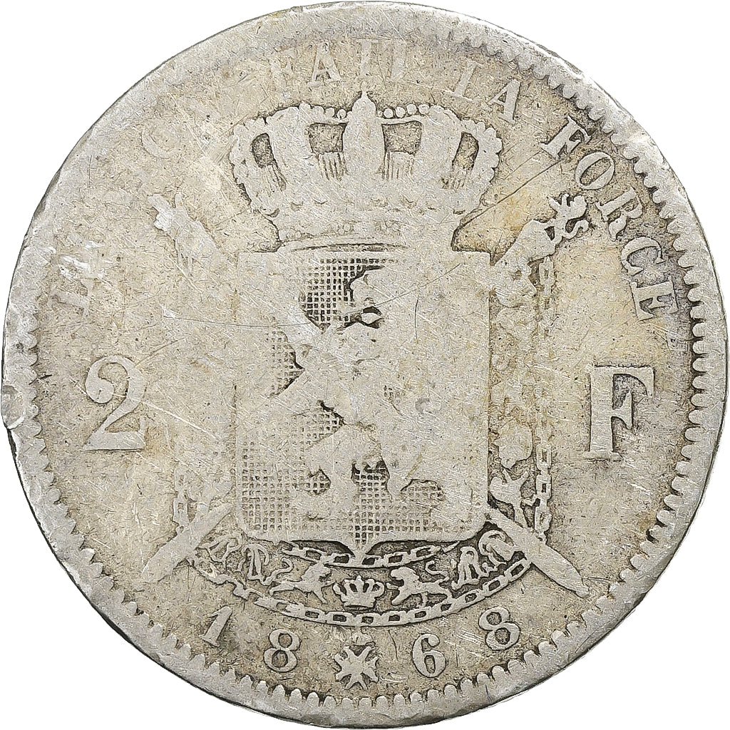 Belgium, Leopold II, 2 Francs, 1868, Brussels, Silver, F(12-15)