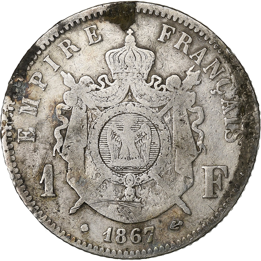 France, Napoleon III, 1 Franc, 1867, Strasbourg, Silver, VF(30-35)