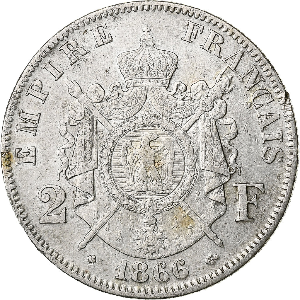 France, Napoléon III, 2 Francs, 1866, Strasbourg, Argent, TTB