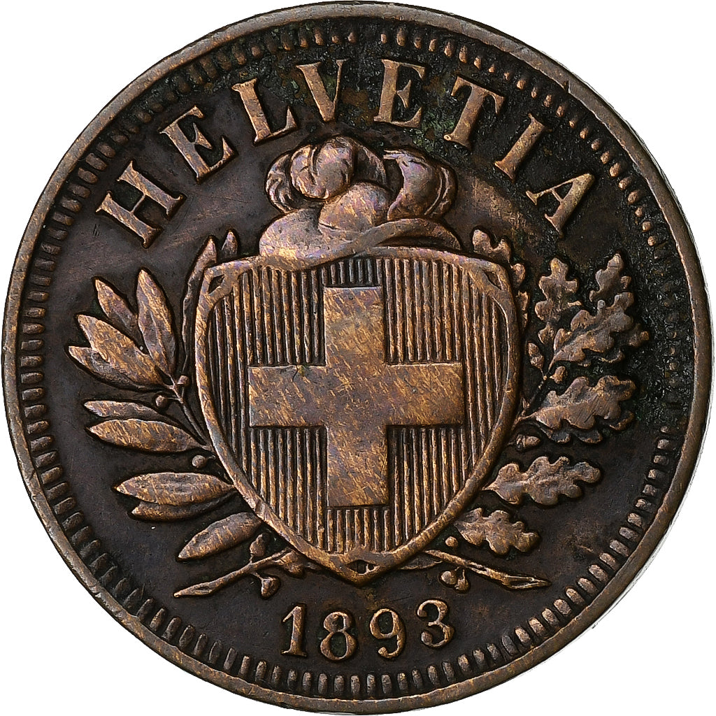 Suiza, 2 Rappen, Écusson, 1893, Berne, Bronce, MBC