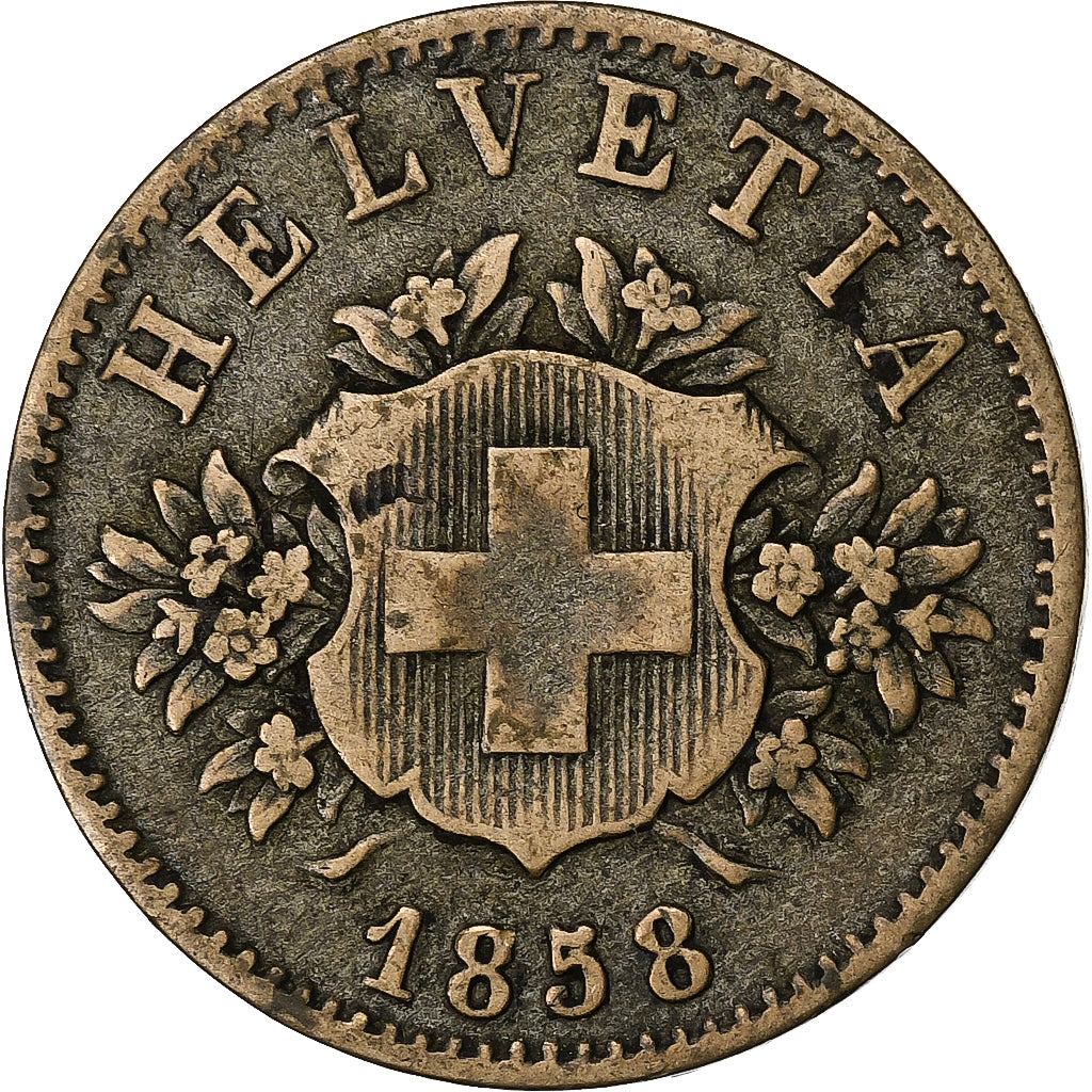 Switzerland, 20 Rappen, Écusson, 1858, Berne, Billon, VF(30-35)
