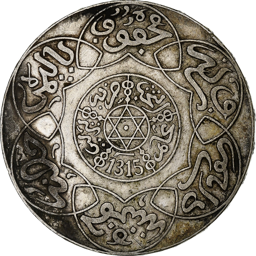 Morocco, Abdelaziz, 5 Dirhams, AH 1315 (1898), Paris, Silver, EF(40-45)