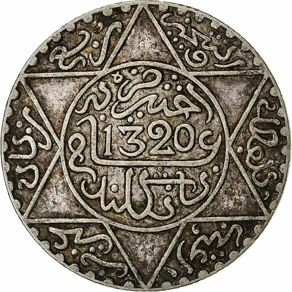 Morocco, Abdelaziz, 2-1/2 Dirhams, AH 1320 (1903), London, Silver, EF(40-45)