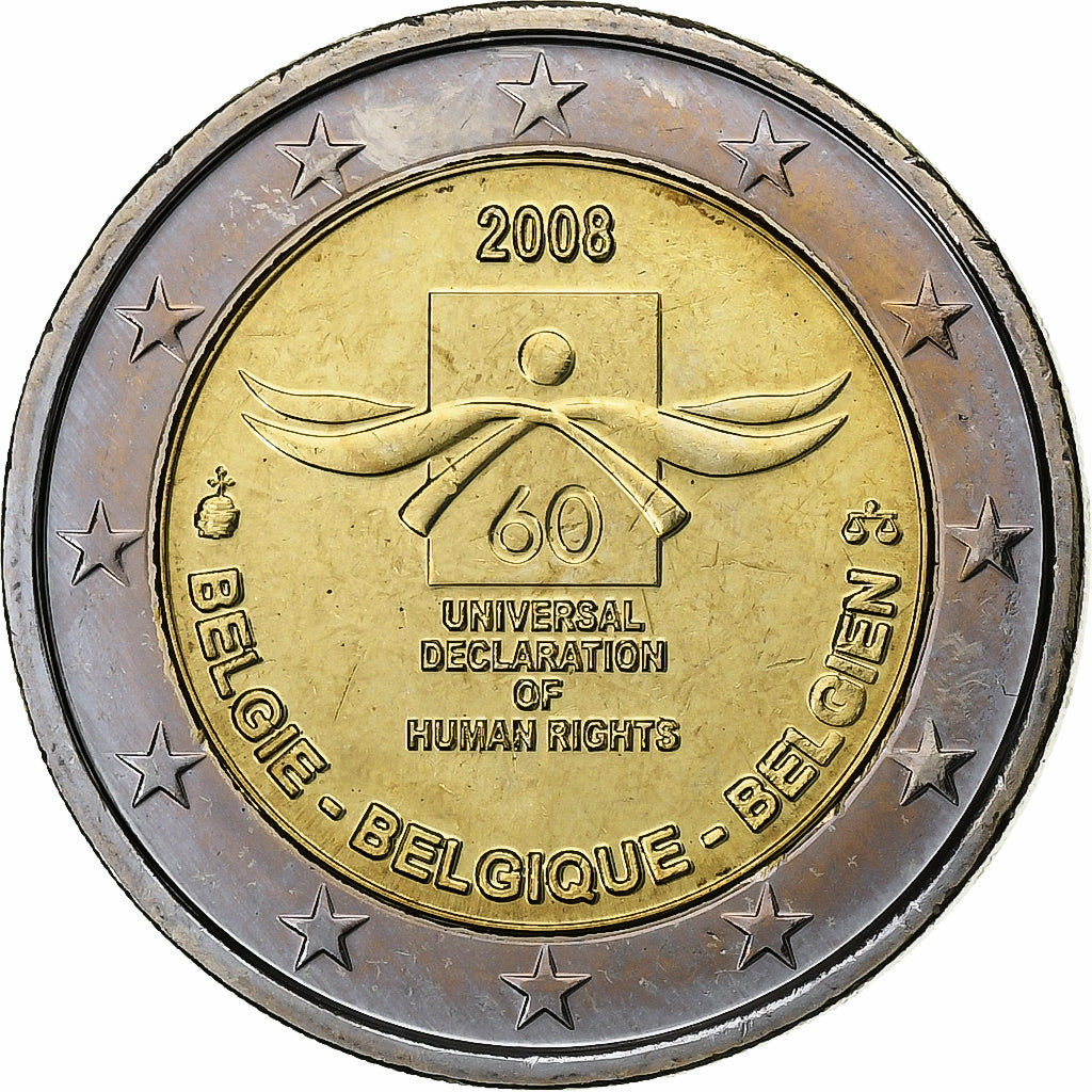 Belgium, Albert II, 2 Euro, Human Rights, 2008, Brussels, Bi-Metallic, AU(55-58)