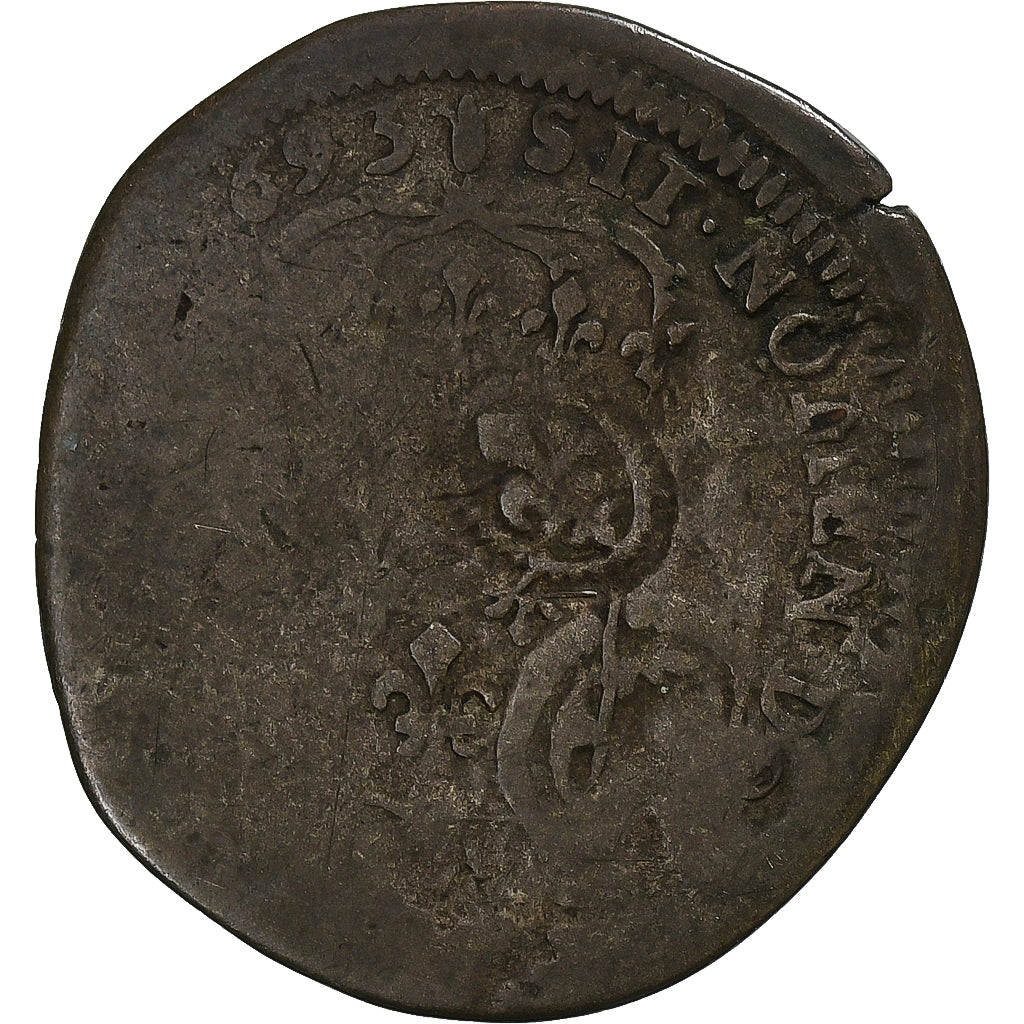Francja, Louis XIV, Quinzain aux 8 L, 1693, Rouen, contremarqué lis, Bilon