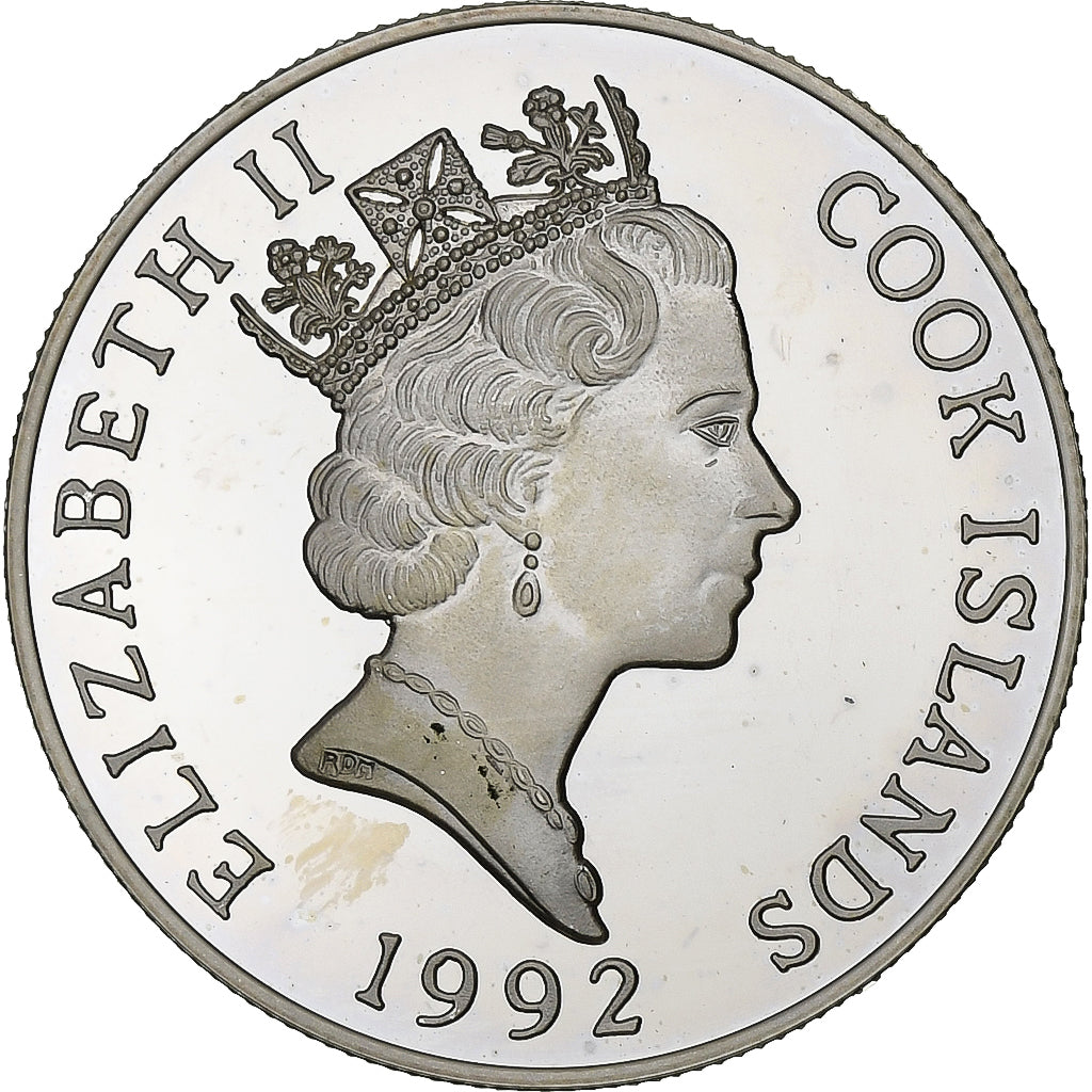 Ilhas Cook, Elizabeth II, 5 Dollars, Discovery of America, 1992, Proof, Prata
