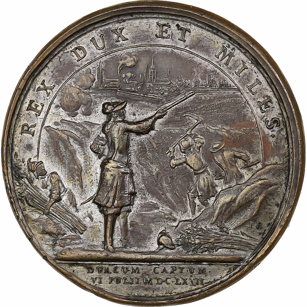 França, medalha, Luís XIV, Prise de Douai, 1667, Bronze Prateado, Mauger