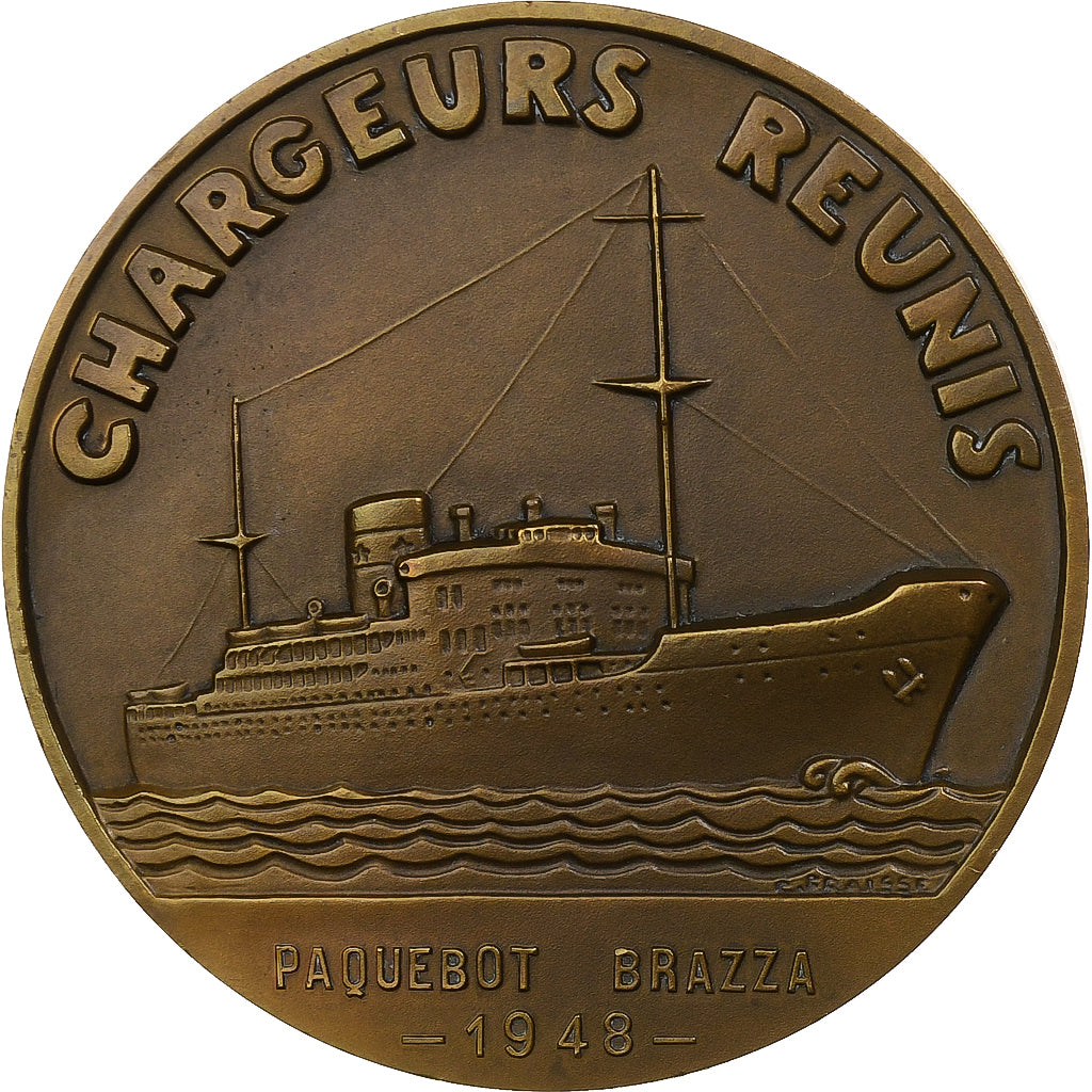 France, Médaille, Chargeurs réunis, Paquebot Brazza, 1948, Bronze, SUP