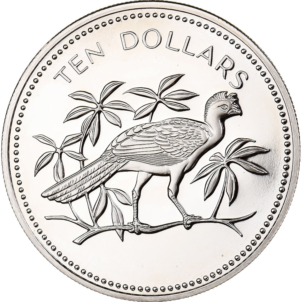 Belize, Elizabeth II, 10 Dollars, Great curassow, 1976, Franklin Mint, Proof