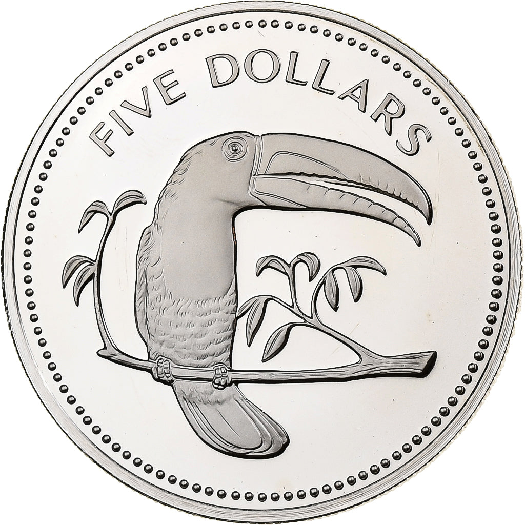 Belize, Elizabeth II, 5 Dollars, Keel-Billed Toucan, 1976, Franklin Mint, FS