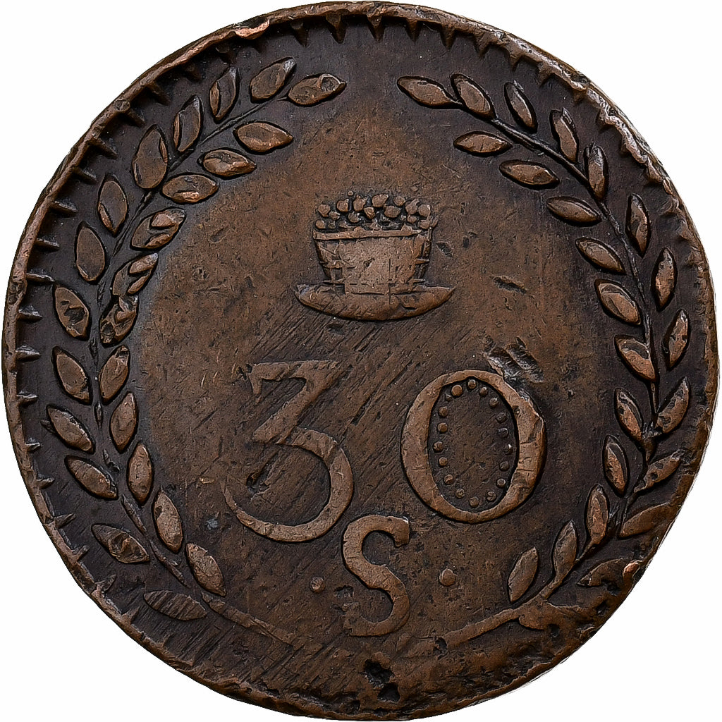 France, 30 Sols, Mines d'Aniche, 1820, Bronze, VF(20-25)