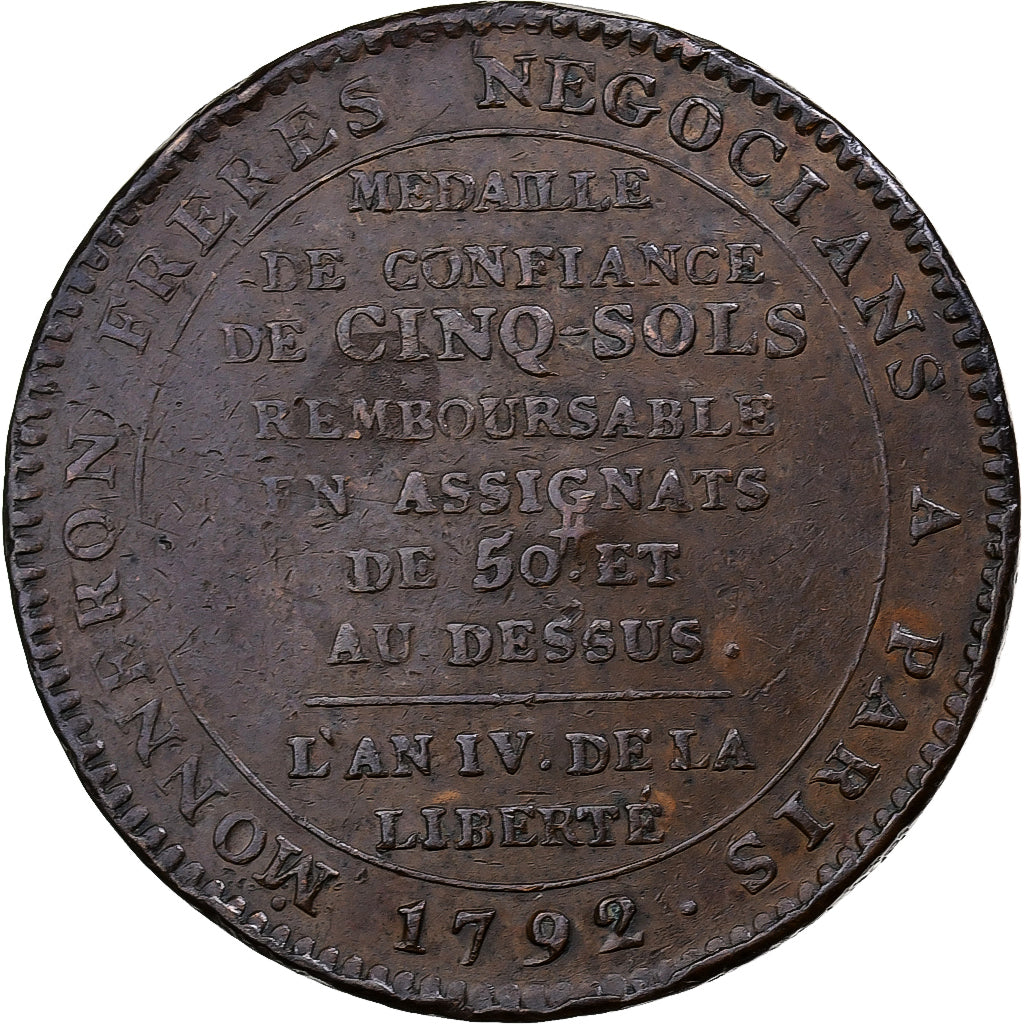 France, Monneron de 5 Sols, 1792 / AN 4, Birmingham, Bronze, EF(40-45)