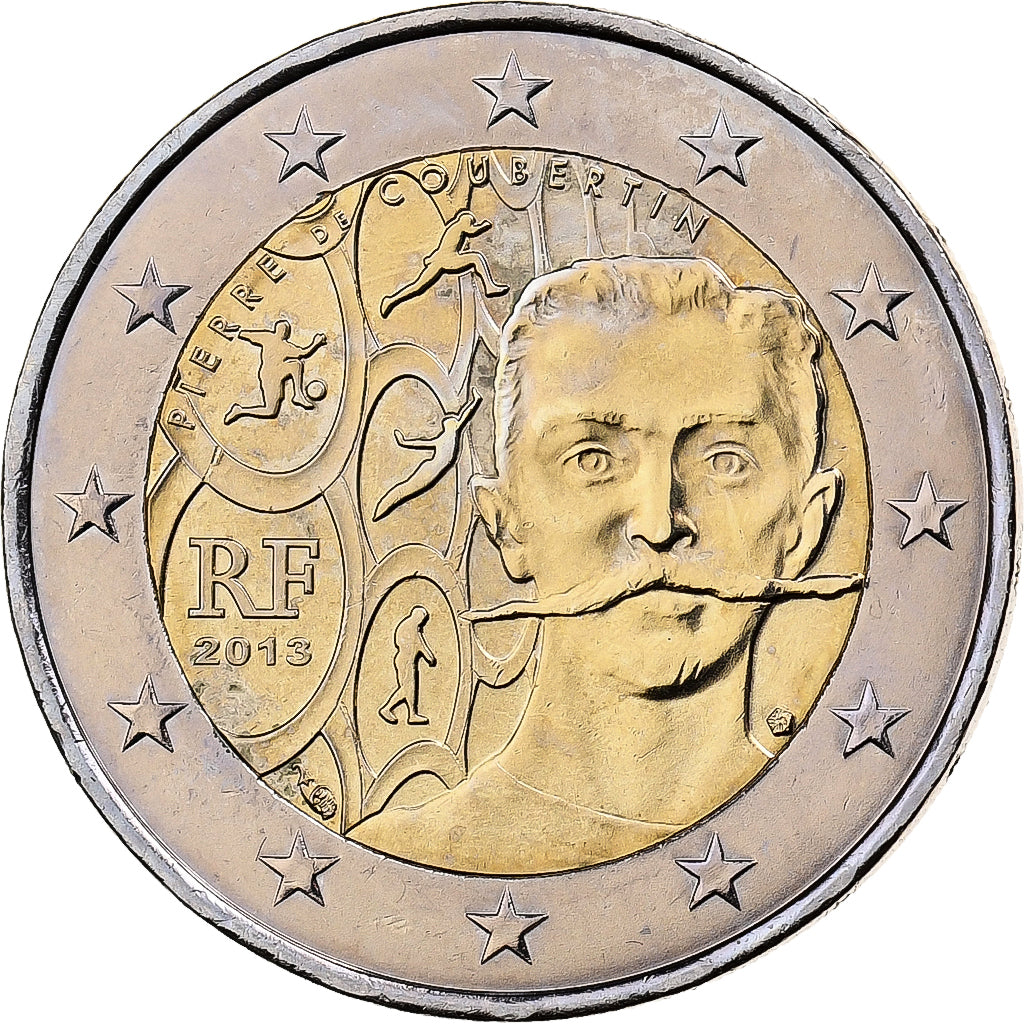 Francia, 2 Euro, Pierre de Coubertin, 2013, MDP, Bi-metallico, SPL