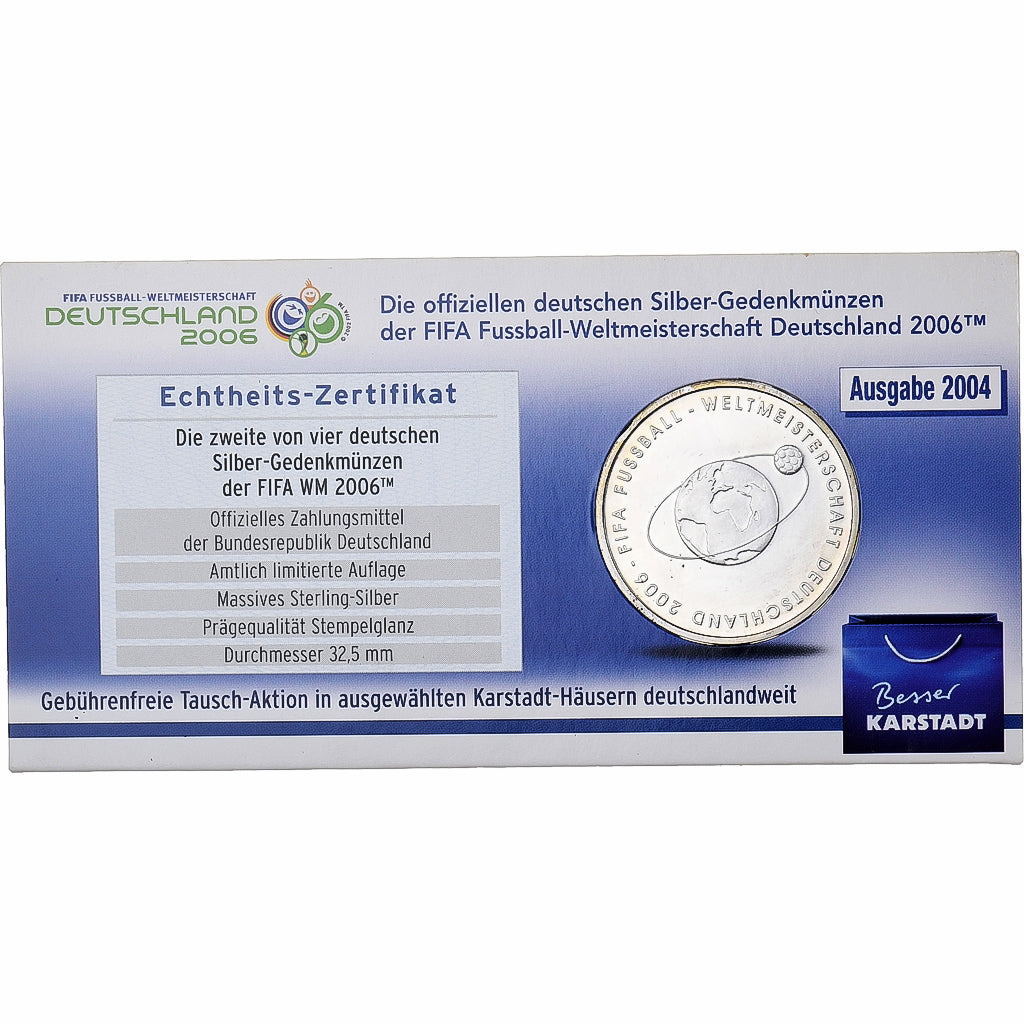 Alemanha, 10 Euro, 2006 FIFA World Cup, Coin card, 2004, Prata, MS(63)