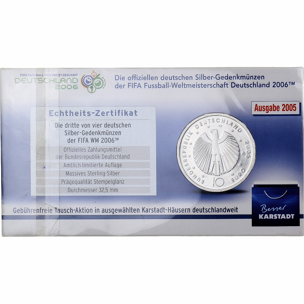 Alemanha, 10 Euro, 2006 FIFA World Cup, Coin card, 2005, Prata, MS(63)
