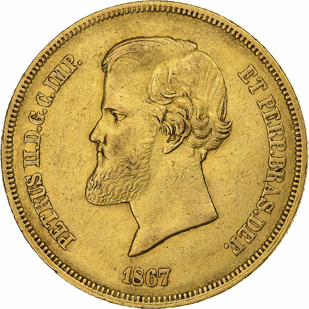 Brazil, Pedro II, 20000 Reis, 1867, Rio de Janeiro, Gold, EF(40-45), KM:468