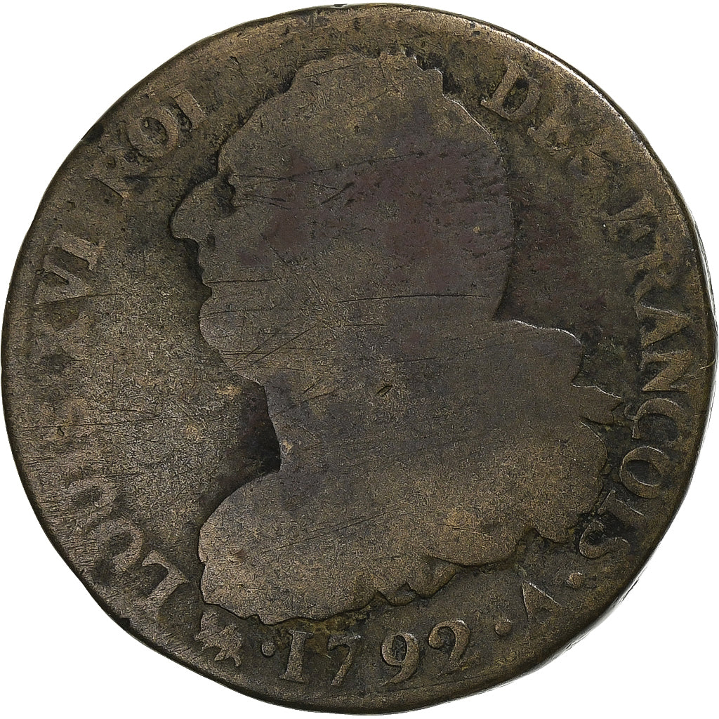 Francia, Louis XVI, 2 sols François, 1792 / AN 4, Paris, Métal de cloche, MB
