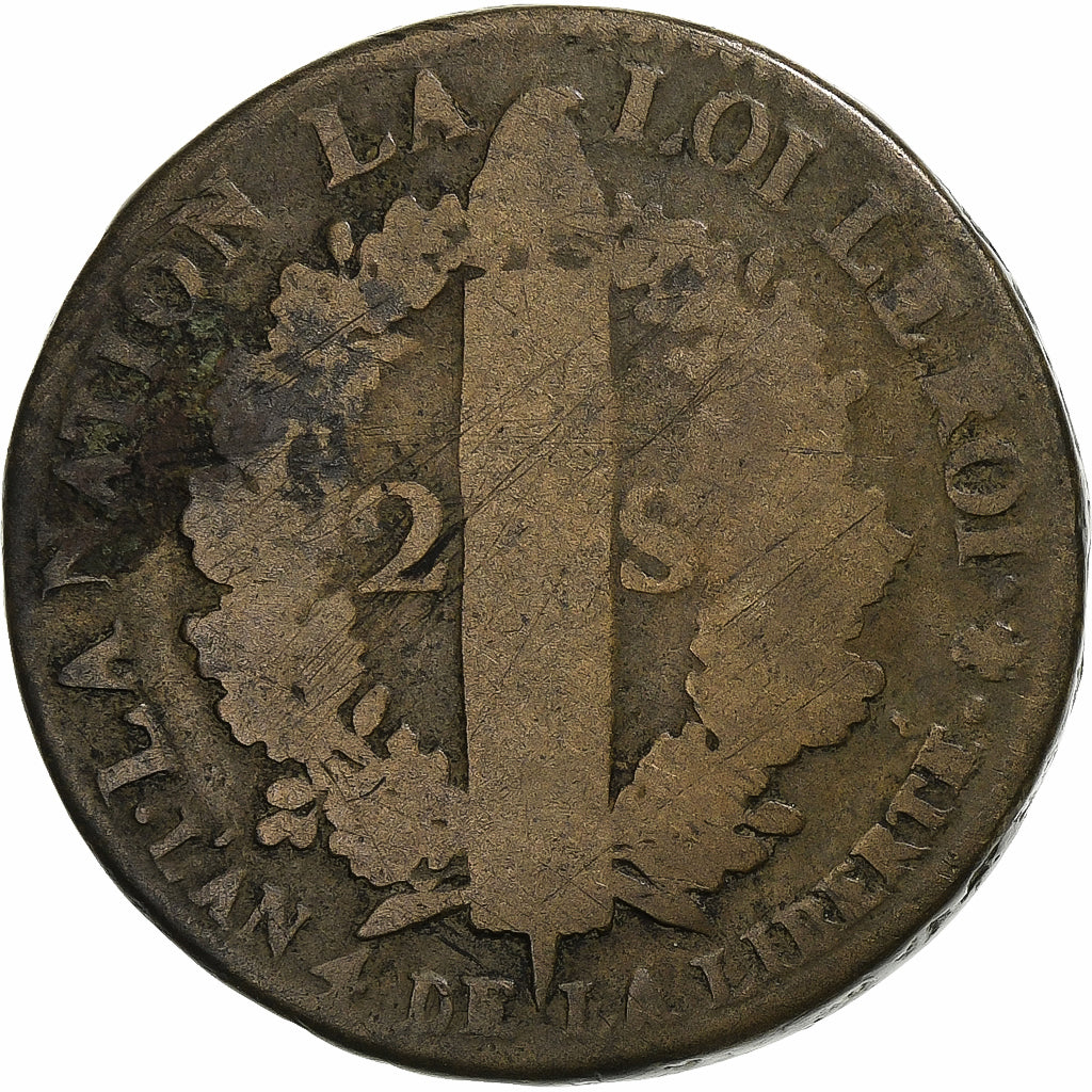 Francia, Louis XVI, 2 sols François, 1792 / AN 4, Paris, Métal de cloche, MB