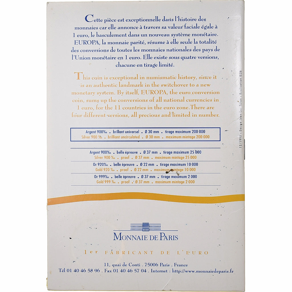 Francia, 6.55957 Francs, Europa, BU, 1999, MDP, Argento, FDC