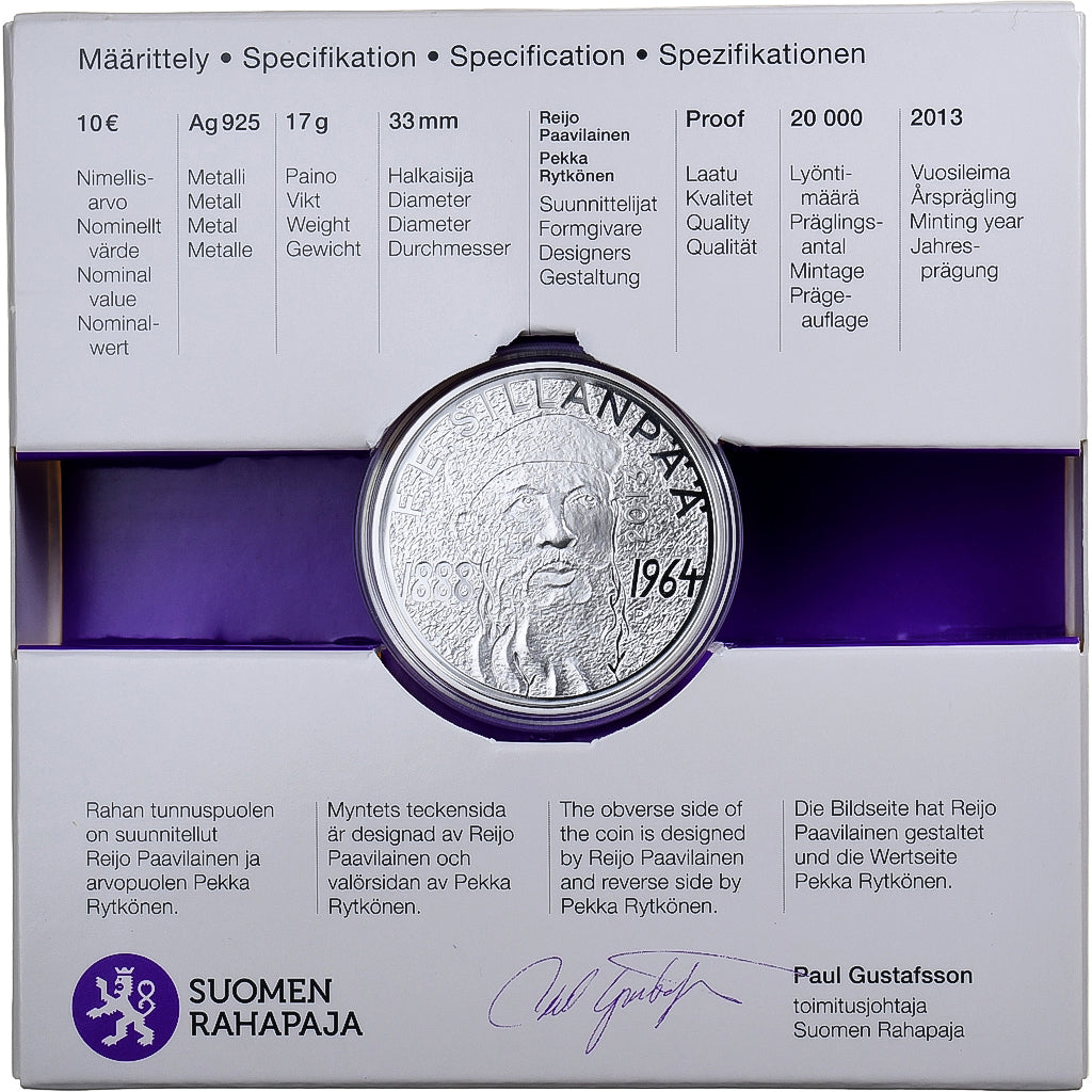 Finland, 10 Euro, Frans Eemil Sillanpää, Proof, 2013, Vantaa, Silver